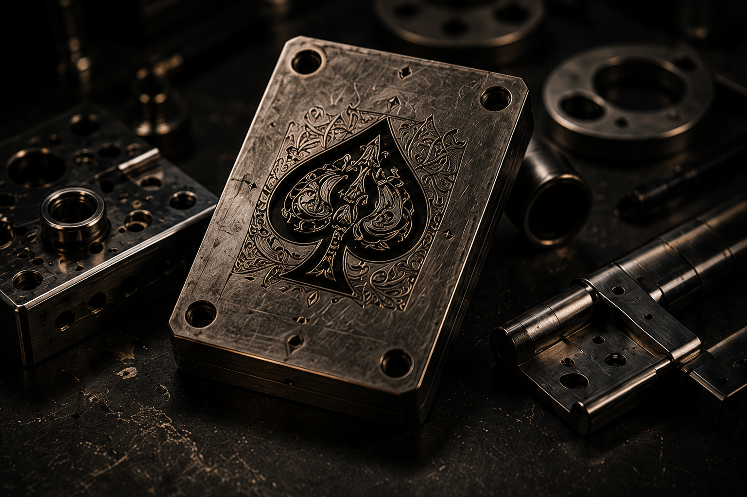 Custom engraved ace of spades for a prototype as part of our custom magic at fox magic mfg