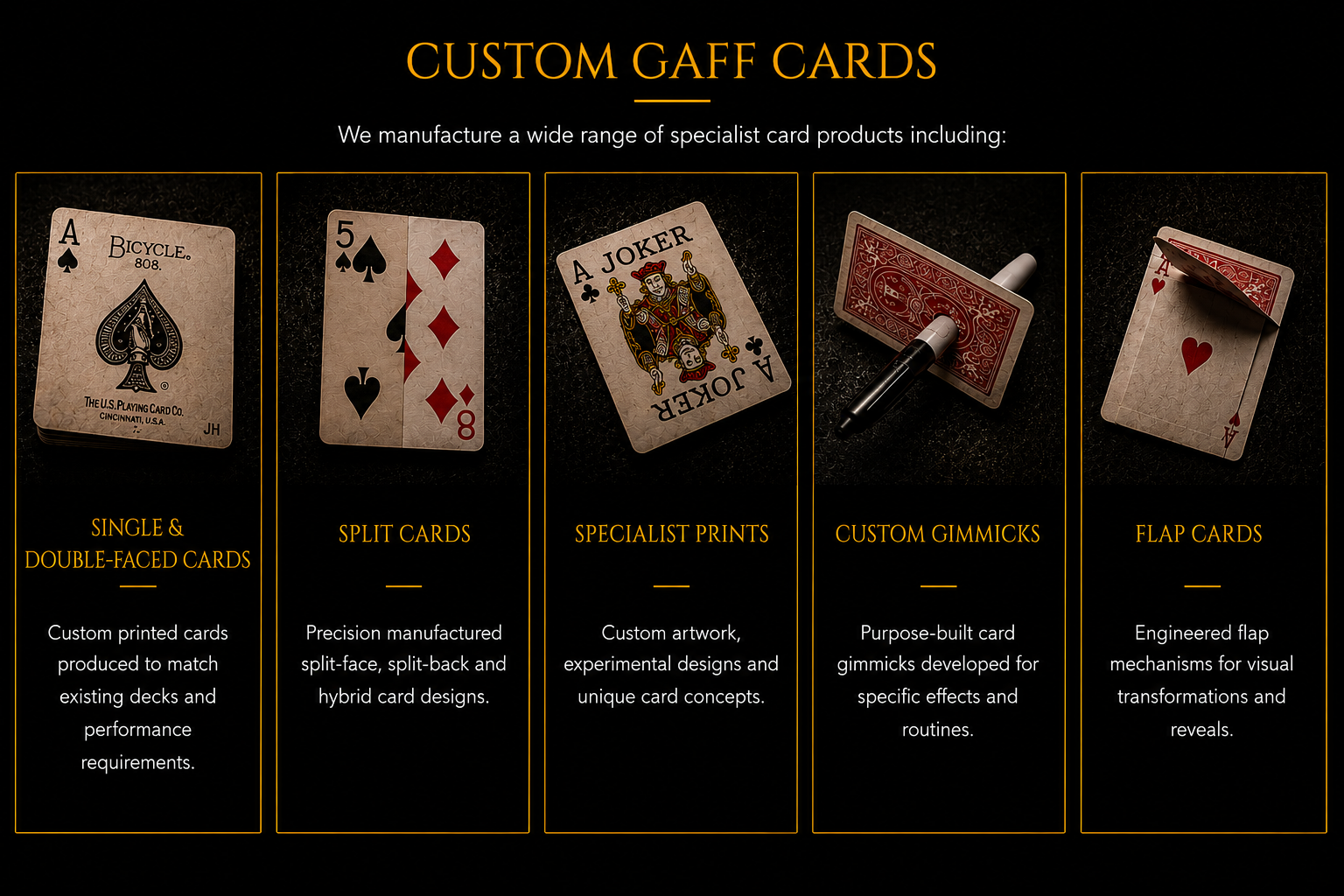 Custom_gaff_card_manufacturing_for_professional_magic_products flap cards, custom printing, custom made gimmicks, flap cards