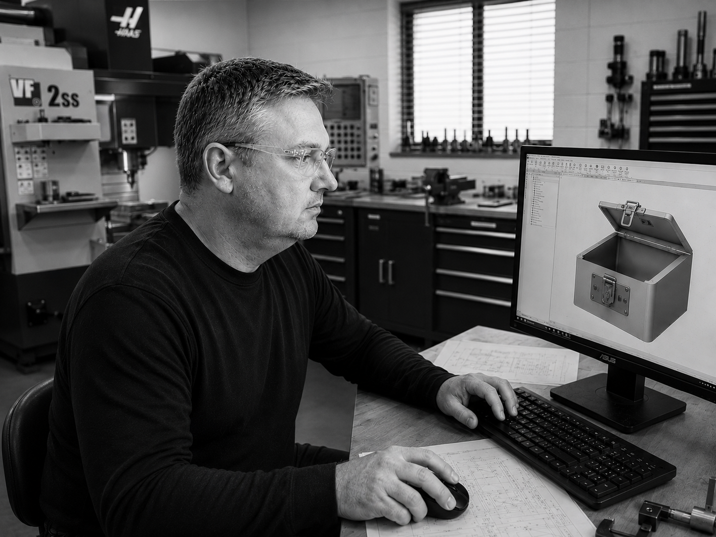 JONATHAN FOX SITTING DOWN WORKING ON CAD DESIGNING A NEW PRECISION MAGIC TRICK