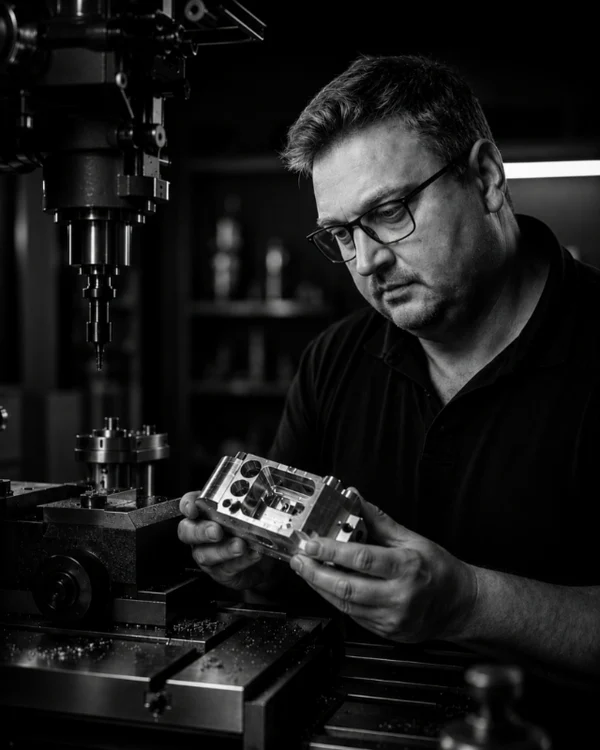 Jonathan_Fox_Inspecting_a_milled_piece_of_aluminium_next_to_his_milling_machine custom magic manufacturing workshop at Fox Magic MFG