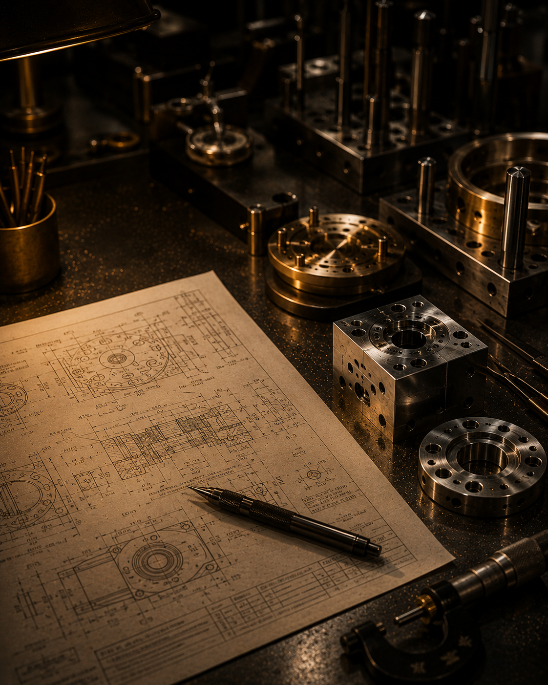 Jonathan Fox in the Fox Magic MFG precision manufacturing workshop schematic drawing