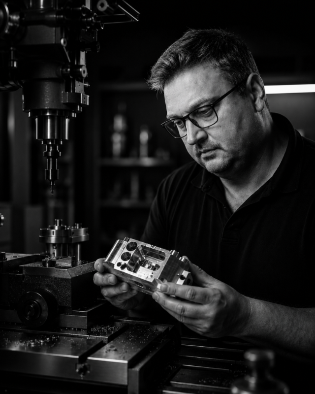 Jonathan Fox inspecting a milled piece of aluminium