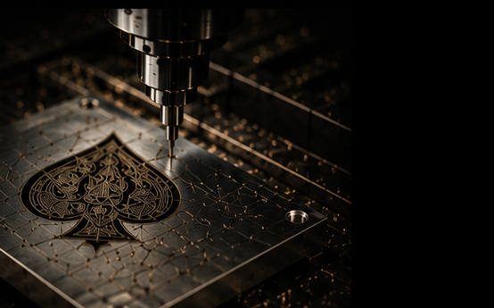 Precision magic manufacturing workshop at Fox Magic MFG sce of spades on milling machine