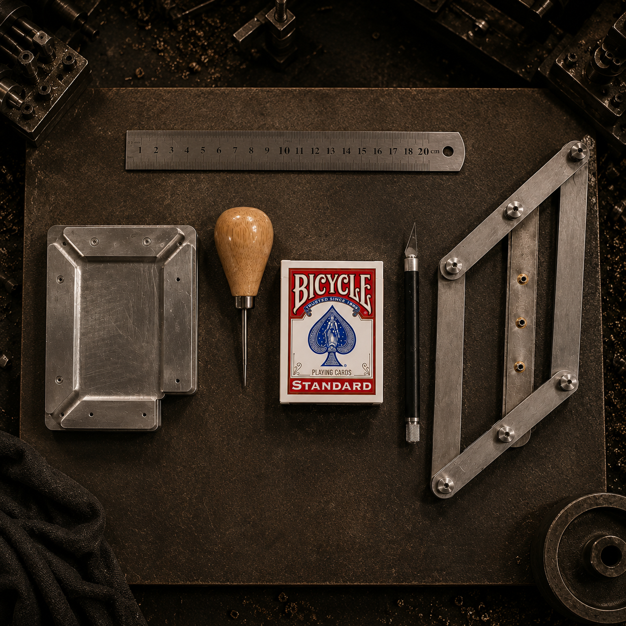 Custom_gaff_card_manufacturing_for_professional_magic_products bicycle card on table and jigs