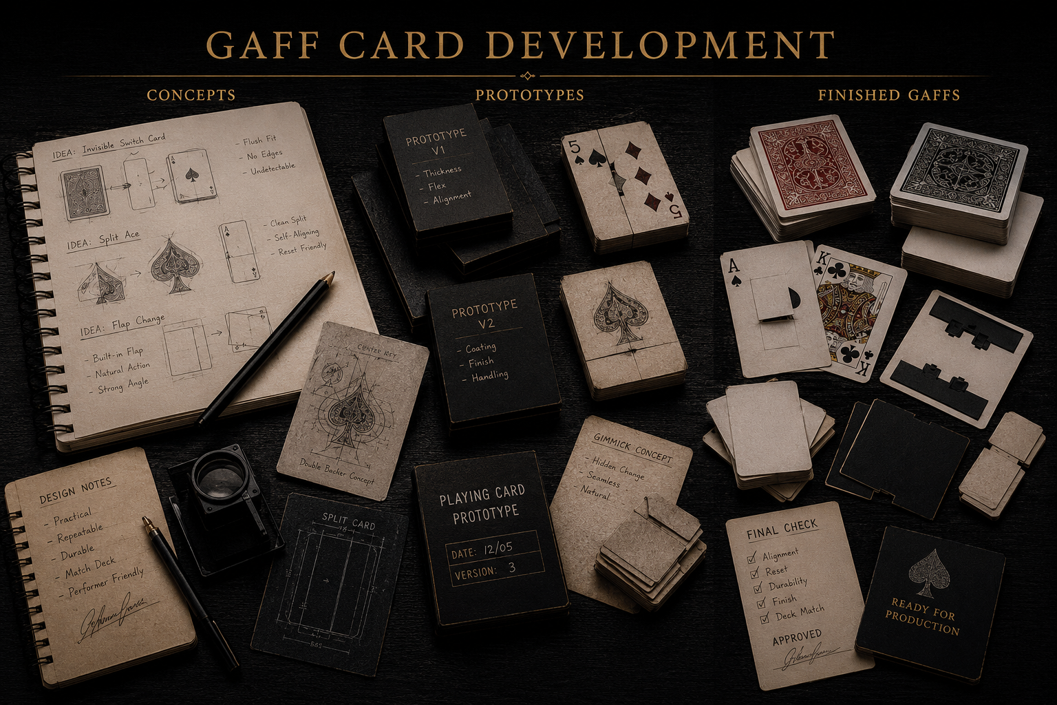 Custom_gaff_card_manufacturing_for_professional_magic_products gaff card development cards and sketch book on table