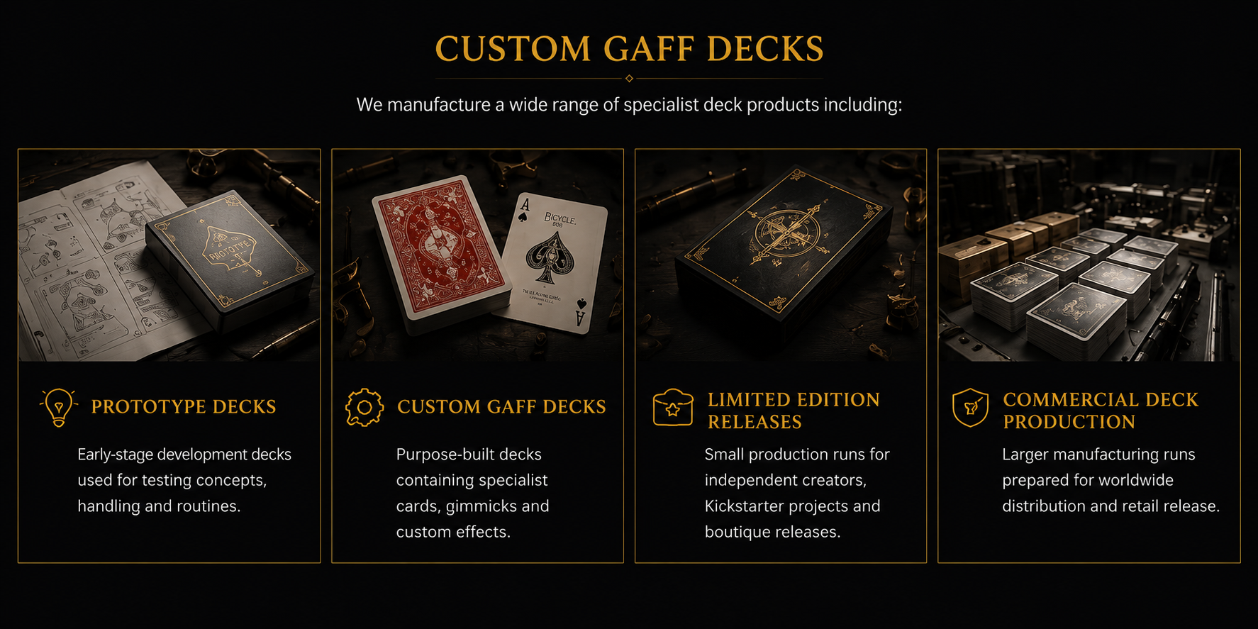 Custom gaff decks fox magic MFG prototype decks, custom gaff deck limited addition releases comercial deck production