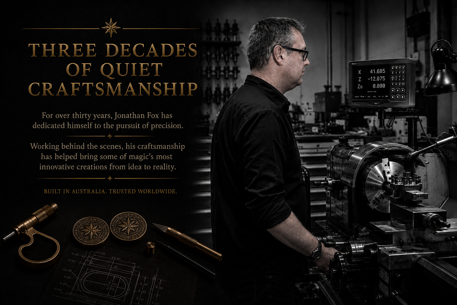 Precision magic manufacturing workshop at Fox Magic MFG Gaff Coin Lathe 1