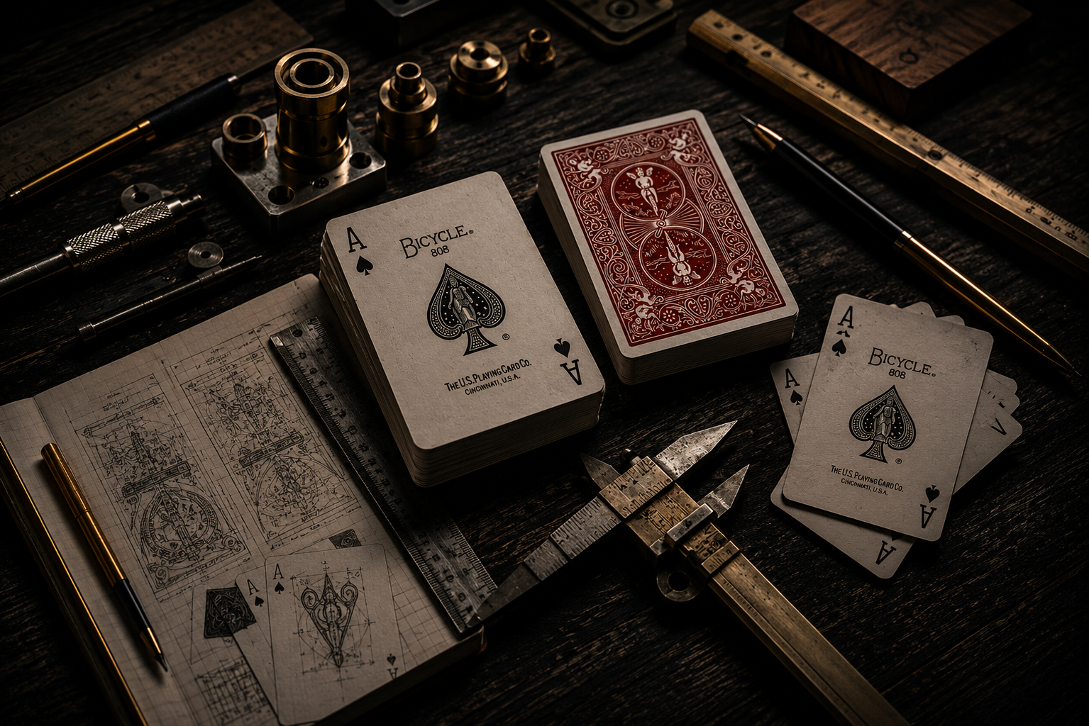 Premium custom gaff deck manufacturing by Fox Magic MFG bicycle playing cards on table
