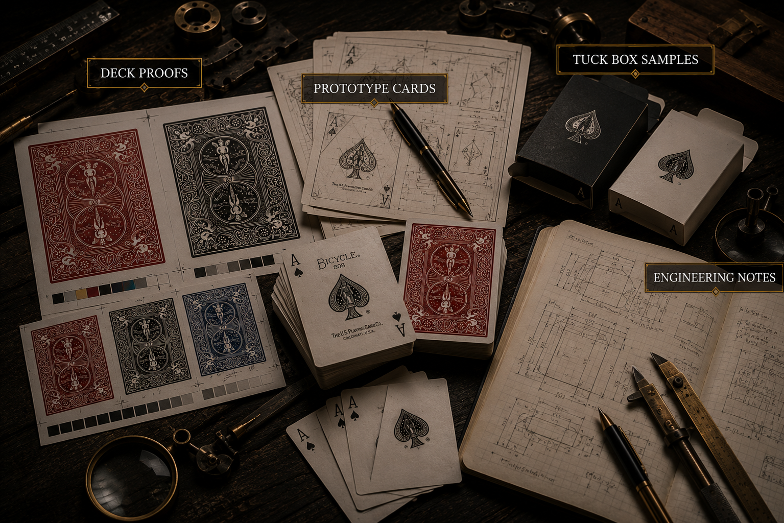 SPECIALIST DECK DEVELOPMENT fox magic MFG deck proofs prototype cards tuck box samples engineering notes