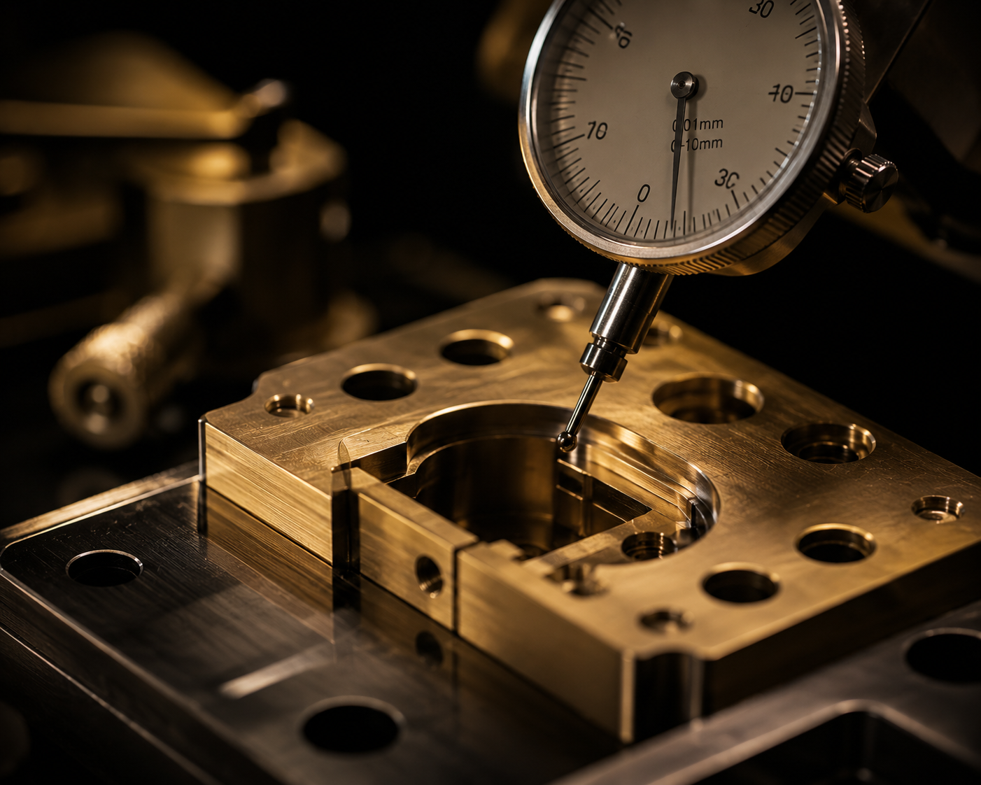 brass component machined and checking with micrometer fox magic mfg