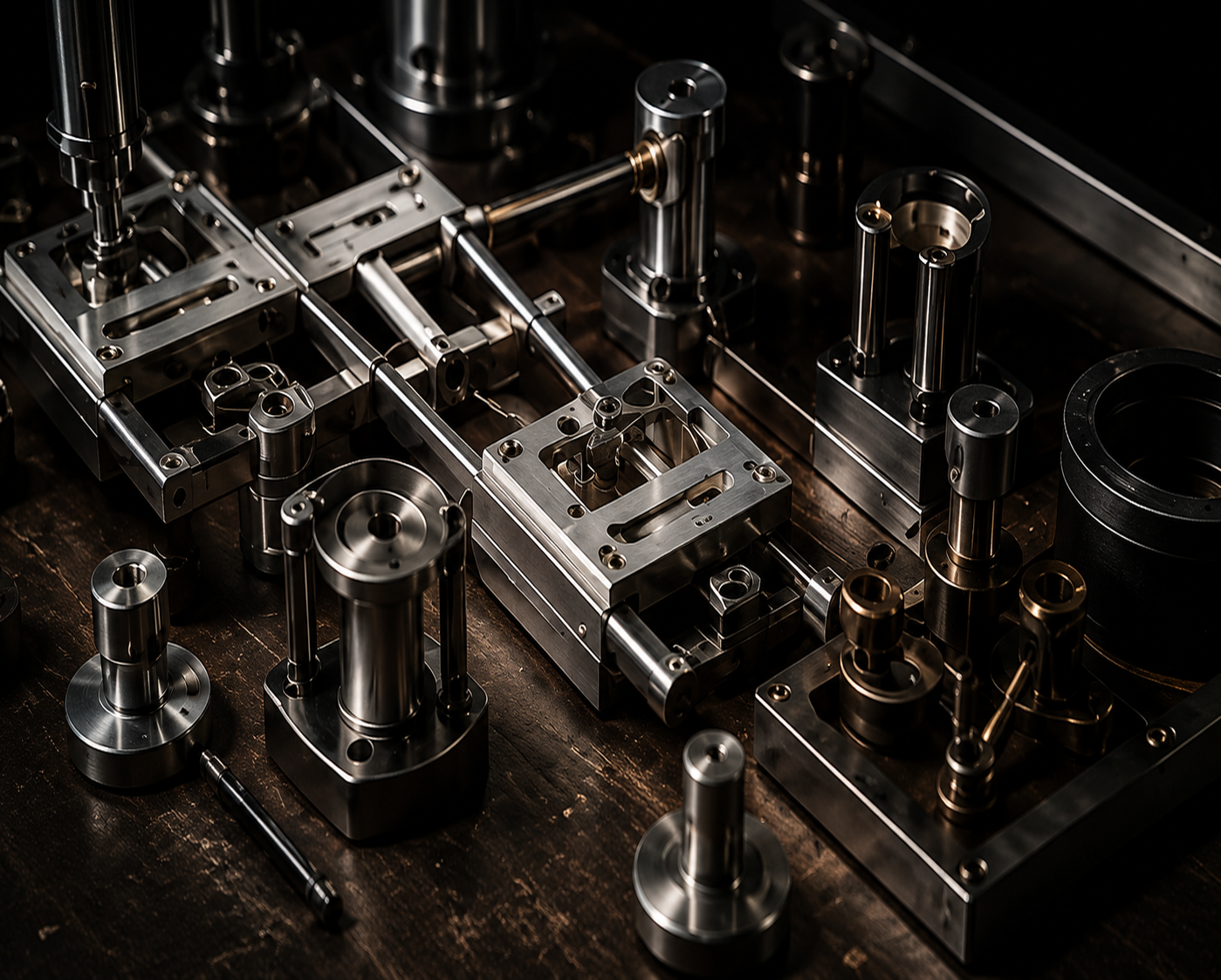 milled components on a workbench for a project fox magic mfg